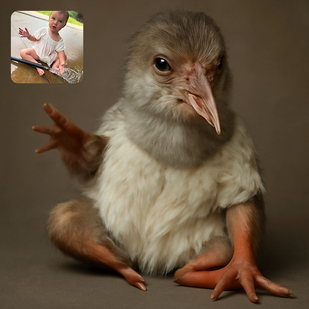 A curious toddler in a white outfit is sitting on a wet concrete floor, fascinated by the water flowing from a garden hose, with droplets glistening on their skin and a soft green background.