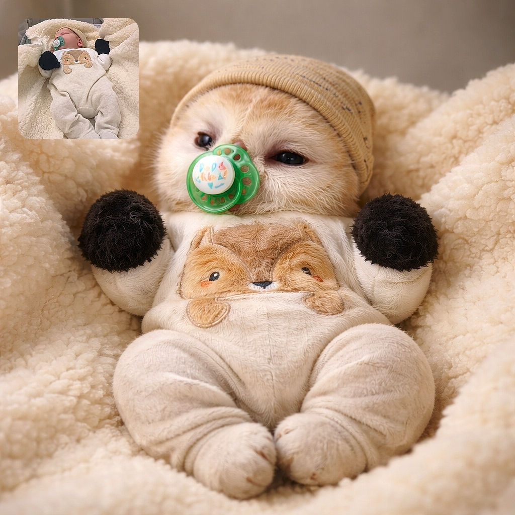 A tiny burrito of a newborn snoozes in a cloud-like cream blanket, pacifier firmly in place and hat pulled down—wearing a fox-themed onesie and black mittens like a sleepy woodland creature on maternity leave.