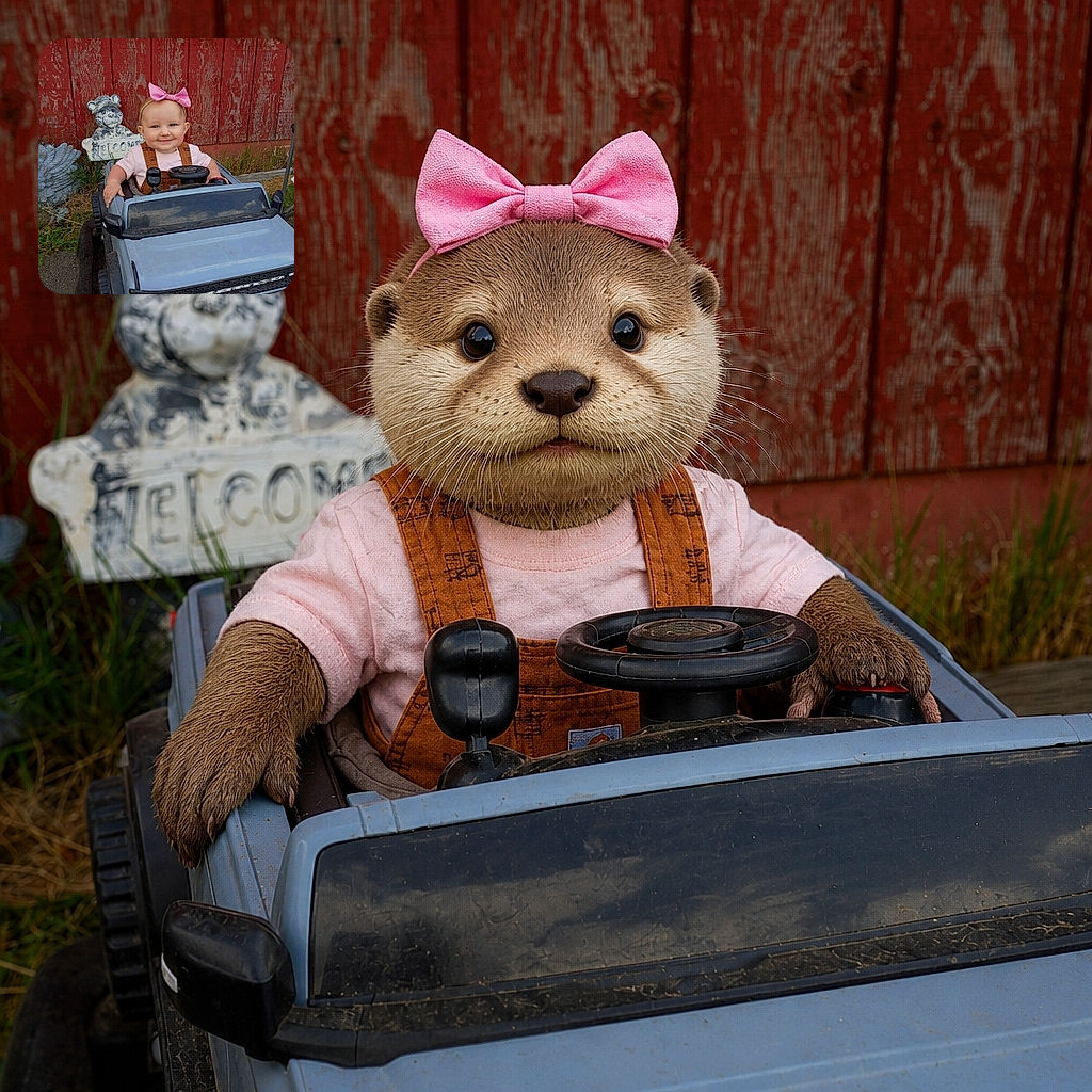 A smiling baby with a spectacular pink bow is cruising a toy pickup truck like the tiniest off-road champion, complete with steering wheel, gear shifter, and a watchful garden bear co-pilot.