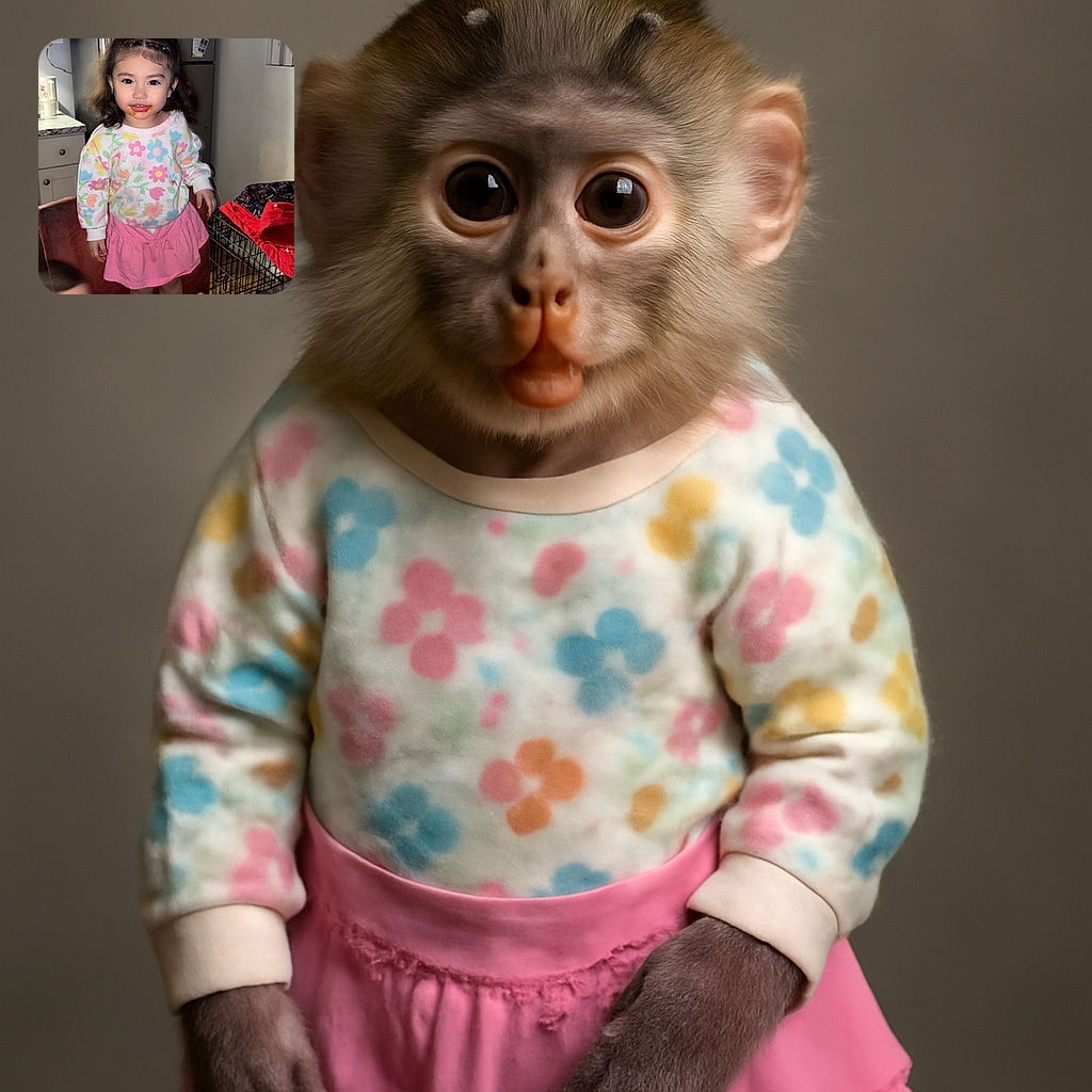 A cute little girl with a messy face from spaghetti sauce stands confidently on a chair in a cozy kitchen, while a blurred boy reaches out near the table with a bowl of half-eaten spaghetti in the foreground.