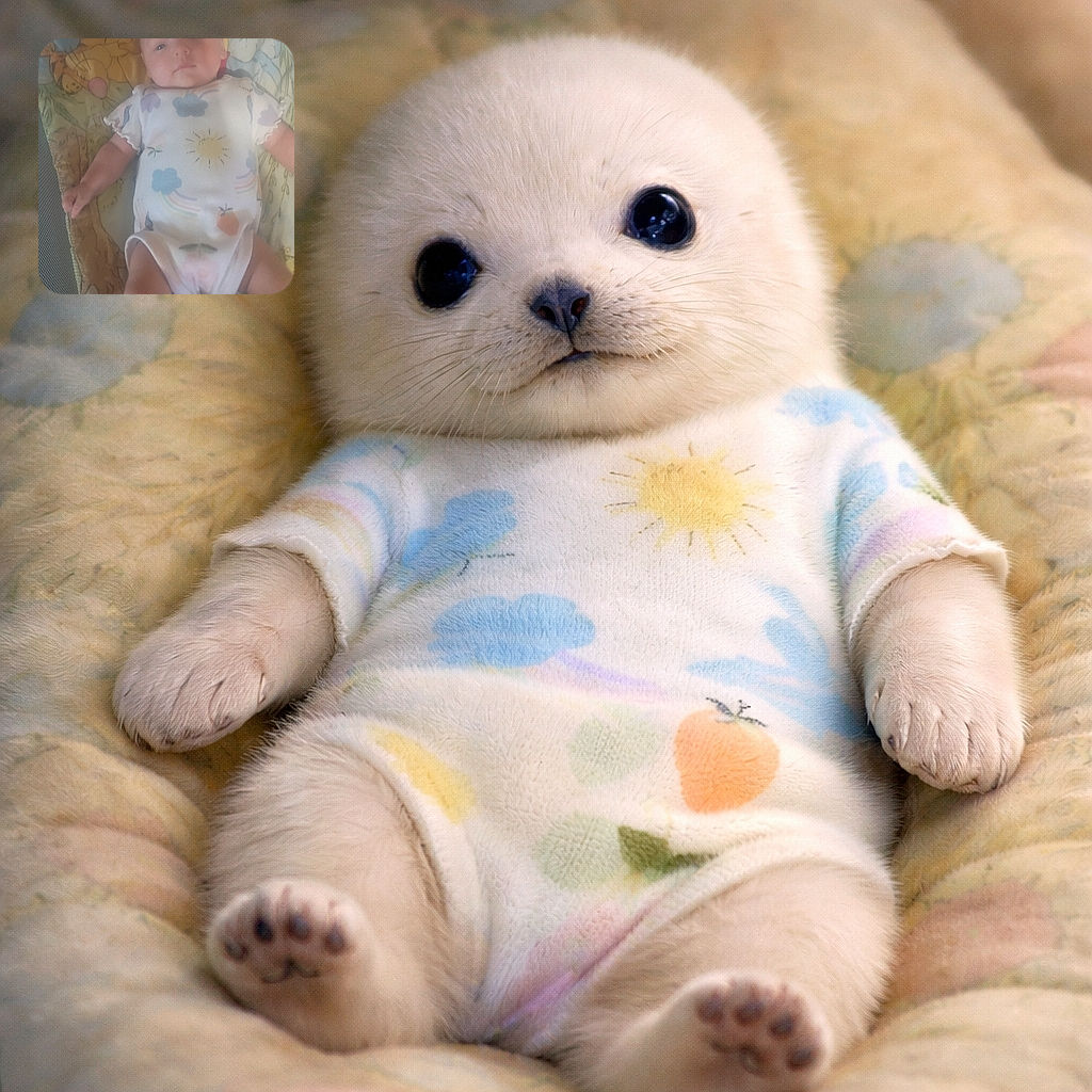 A baby lying on a colorful Winnie the Pooh themed blanket, wearing a white onesie decorated with clouds, suns, and rainbows, looking calmly at the camera with soft lighting and a slightly blurry effect.