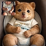 A chubby-cheeked baby lounges in a car seat, eyes wide and curious, tiny fists clenched like a determined superhero — sporting a 'Dad's little dude' onesie while safety warning stickers peek from the sides.