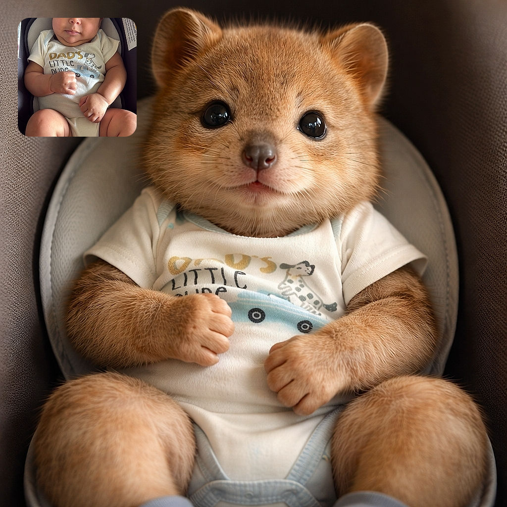 A chubby-cheeked baby lounges in a car seat, eyes wide and curious, tiny fists clenched like a determined superhero — sporting a 'Dad's little dude' onesie while safety warning stickers peek from the sides.