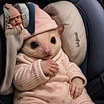A bundled-up baby gives the camera a wonderfully serious side-eye from a car seat, looking like a tiny passenger conducting an important in-flight safety inspection.