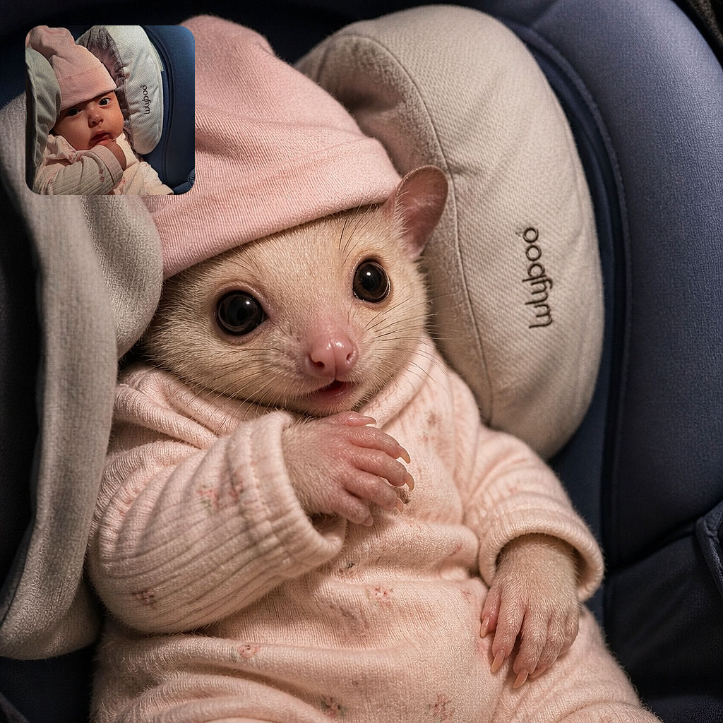 A bundled-up baby gives the camera a wonderfully serious side-eye from a car seat, looking like a tiny passenger conducting an important in-flight safety inspection.