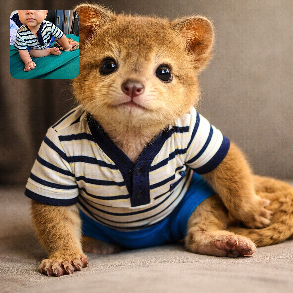 A curious baby with big eyes leans forward on a teal bedspread, wearing a striped shirt and blue shorts, as if ready to explore the world or grab the camera lens with those tiny hands and feet.