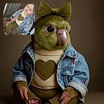 A charming baby dressed in cozy green ribbed pants and a cream sweater with a heart, topped with a denim jacket embroidered with tiny strawberries and a big green bow headband, sits comfortably on someone's lap in a softly lit room with a slightly ajar white door in the background.