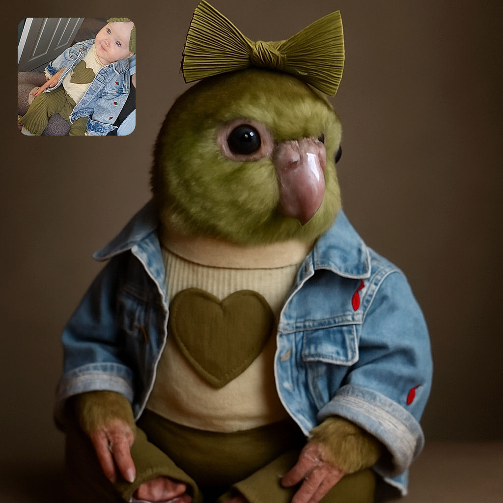 A charming baby dressed in cozy green ribbed pants and a cream sweater with a heart, topped with a denim jacket embroidered with tiny strawberries and a big green bow headband, sits comfortably on someone's lap in a softly lit room with a slightly ajar white door in the background.