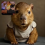 A curious baby with wide eyes sits surrounded by soft blankets and a cozy dog lying nearby, all captured in a slightly blurry, warm-toned snapshot that feels like a candid family moment.