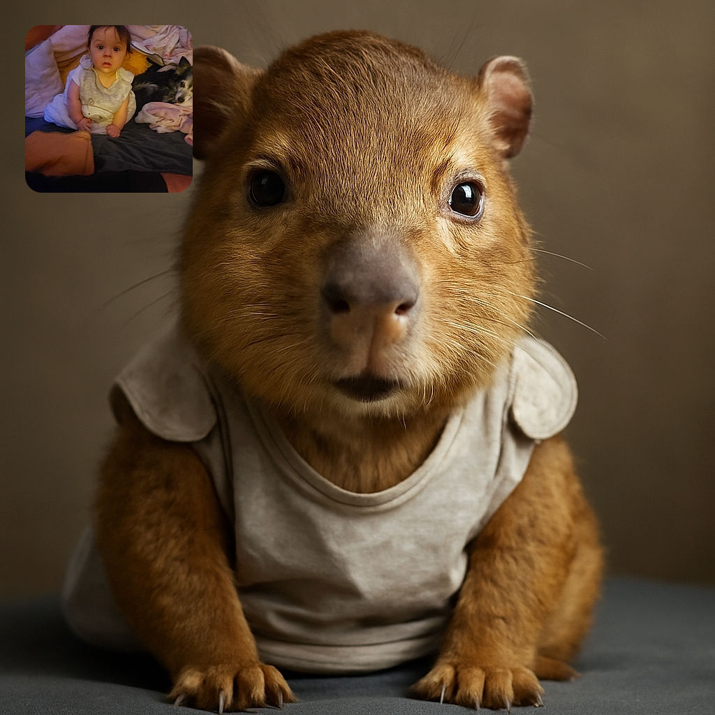 A curious baby with wide eyes sits surrounded by soft blankets and a cozy dog lying nearby, all captured in a slightly blurry, warm-toned snapshot that feels like a candid family moment.