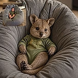A wide-eyed baby lounges like a tiny monarch in a giant gray nest chair, surrounded by plush cushions, cozy carpet, and a sofa that clearly lost the throne-room audition.