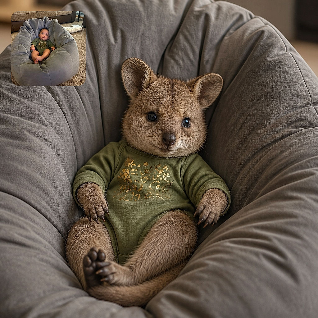 A wide-eyed baby lounges like a tiny monarch in a giant gray nest chair, surrounded by plush cushions, cozy carpet, and a sofa that clearly lost the throne-room audition.