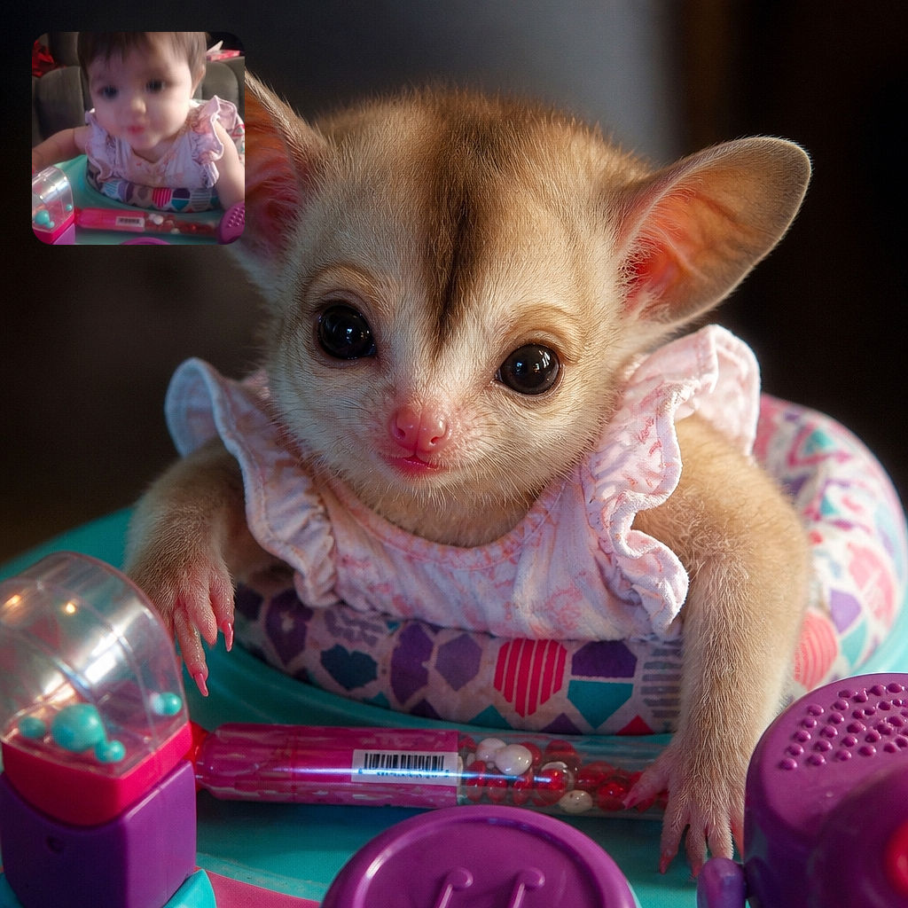 A curious baby sits in a colorful activity center, staring into the camera like a tiny judge evaluating the photographer’s life choices. The soft focus and dim indoor lighting give the scene a dreamy, slightly wobbly snapshot feel, while the toys add plenty of cheerful chaos.