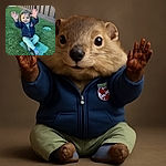 A cheerful toddler sitting on a patch of artificial grass, raising both hands enthusiastically as if waving or celebrating, dressed in a navy blue hoodie and light green pants, with a playful expression and a small hair clip.