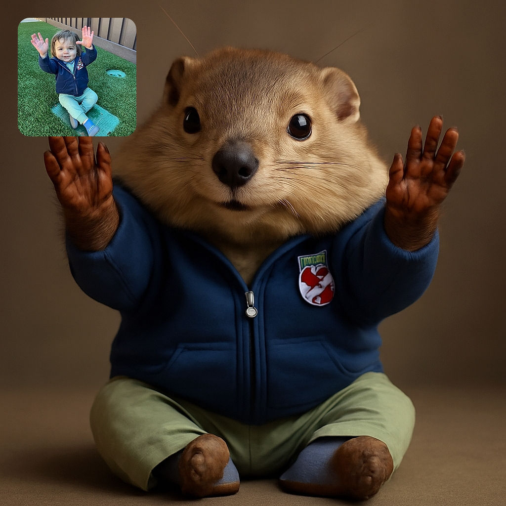 A cheerful toddler sitting on a patch of artificial grass, raising both hands enthusiastically as if waving or celebrating, dressed in a navy blue hoodie and light green pants, with a playful expression and a small hair clip.