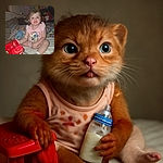 A cheerful toddler with slightly messy hair sits on a bed surrounded by colorful stuffed toys and dolls, clutching a baby bottle in one hand and a red toy fire truck in the other, with a playful and curious expression.