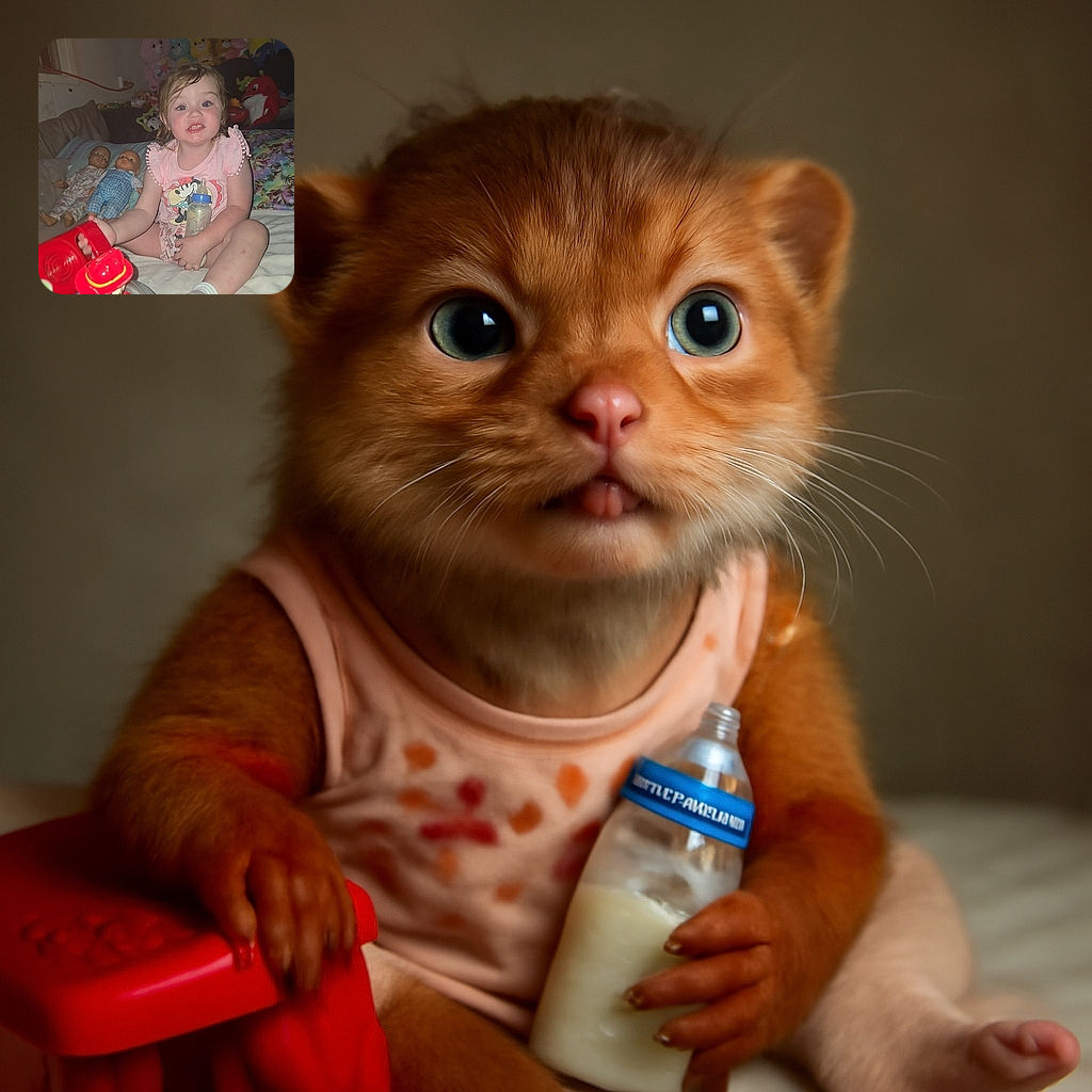 A cheerful toddler with slightly messy hair sits on a bed surrounded by colorful stuffed toys and dolls, clutching a baby bottle in one hand and a red toy fire truck in the other, with a playful and curious expression.