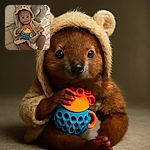 A cute baby wearing a fuzzy bear hoodie lounges on a cozy quilt, clutching a colorful toy ball with curiosity and wide-eyed wonder, while a bear-shaped neck pillow rests nearby.