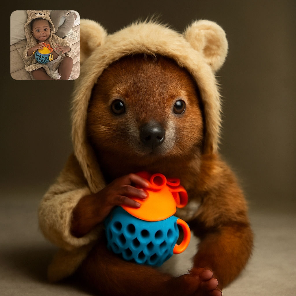 A cute baby wearing a fuzzy bear hoodie lounges on a cozy quilt, clutching a colorful toy ball with curiosity and wide-eyed wonder, while a bear-shaped neck pillow rests nearby.