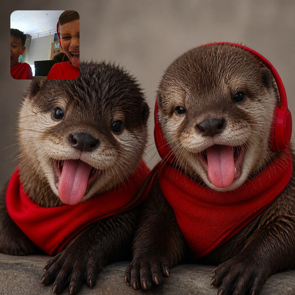 Two cheerful children lean into the camera with tongues out, turning a casual indoor snapshot into a full-on silly-face championship. One wears bright red headphones while the other looks ready to provide sound effects.