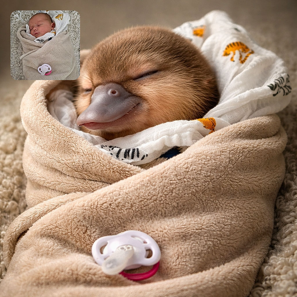 A peacefully sleeping newborn wrapped snugly in a soft beige blanket, resting on a textured white surface with a cute pacifier placed on the blanket, evoking warmth and tranquility.