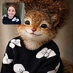 A cheerful child with wild, gravity-defying hair smiles warmly at the camera, wearing a cozy black sweater with white patterns, set against a muted green background that makes the hair look like a funky halo.