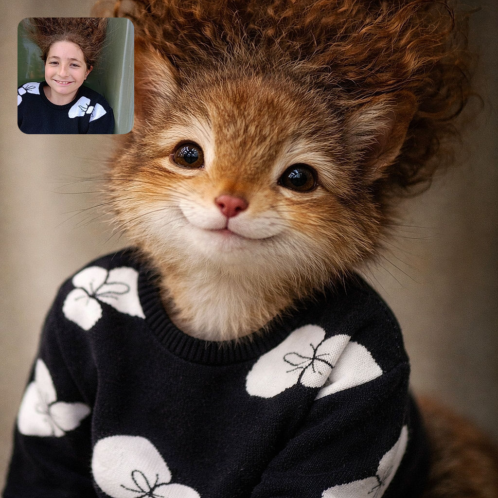 A cheerful child with wild, gravity-defying hair smiles warmly at the camera, wearing a cozy black sweater with white patterns, set against a muted green background that makes the hair look like a funky halo.
