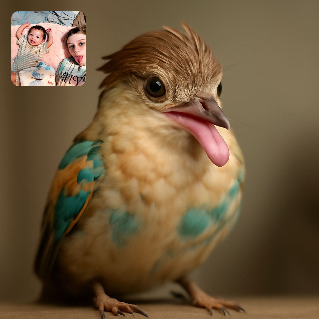 A playful selfie featuring a baby joyfully lying on a pink blanket with arms raised, next to a young person making a silly face by sticking out their tongue, set against a cozy backdrop of blankets and a baby bottle nearby.