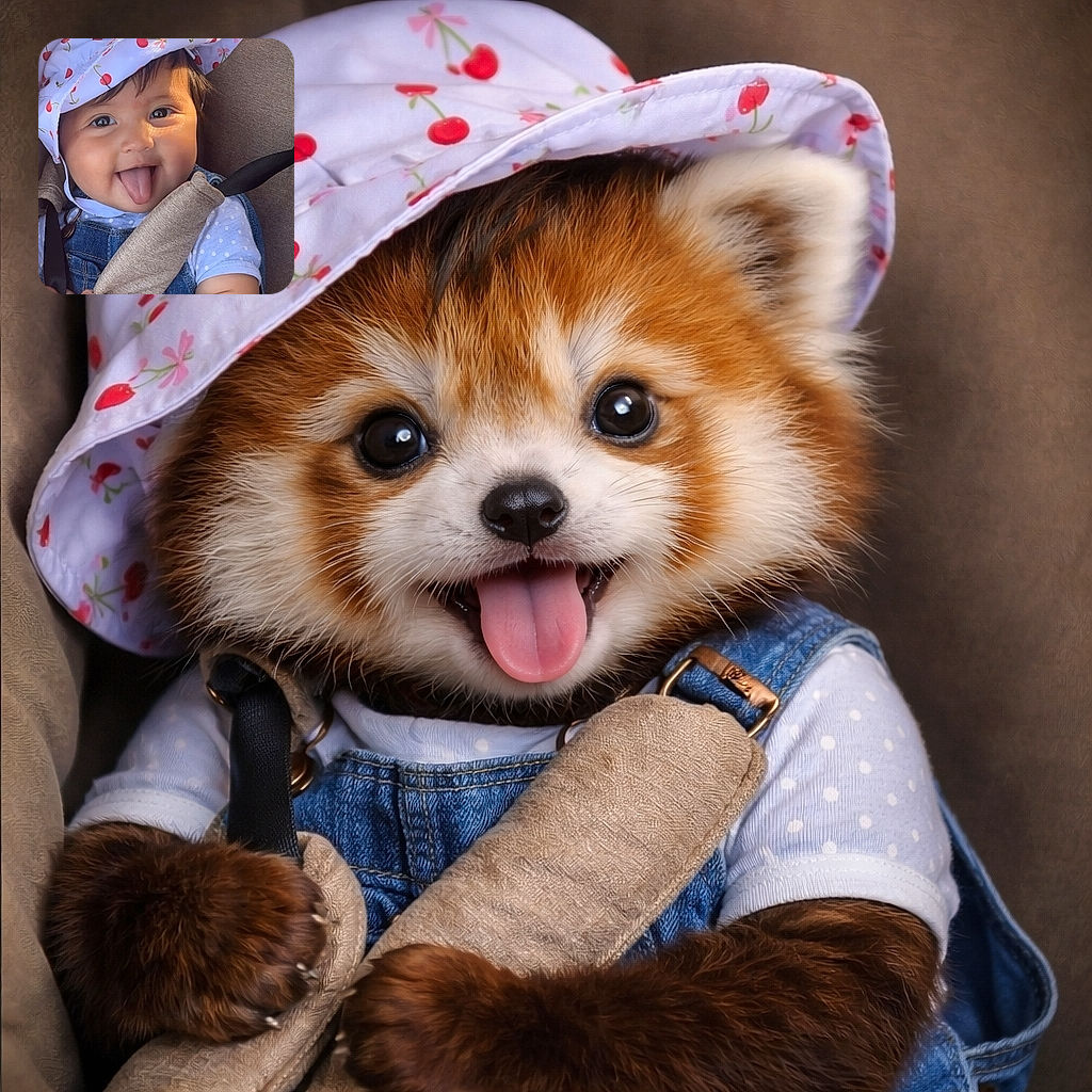 A delightful baby wearing a cute cherry-patterned sunhat and denim overalls gleefully sticks out their tongue while strapped safely in a car seat, basking in warm sunlight that highlights their adorable expression.