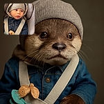 A wide-eyed toddler bundled up in a cozy grey beanie and denim jacket, securely strapped into a car seat, gazes curiously off-camera with a pacifier clipped to their outfit, ready for an adventure or a nap.