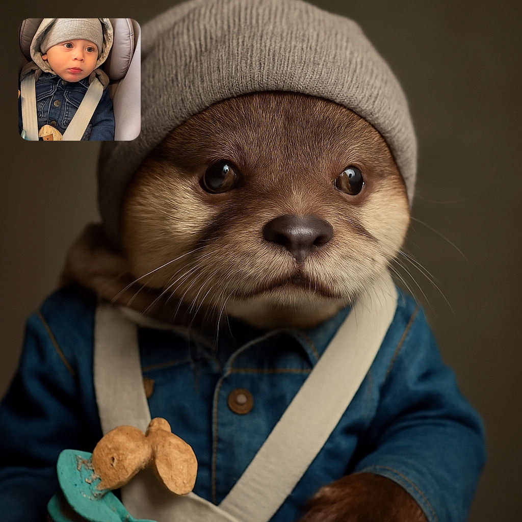 A wide-eyed toddler bundled up in a cozy grey beanie and denim jacket, securely strapped into a car seat, gazes curiously off-camera with a pacifier clipped to their outfit, ready for an adventure or a nap.