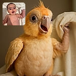 A cheerful baby with big bright eyes and a happy open-mouth smile lies on a soft white towel, with tiny fists raised as if ready for a playful adventure.