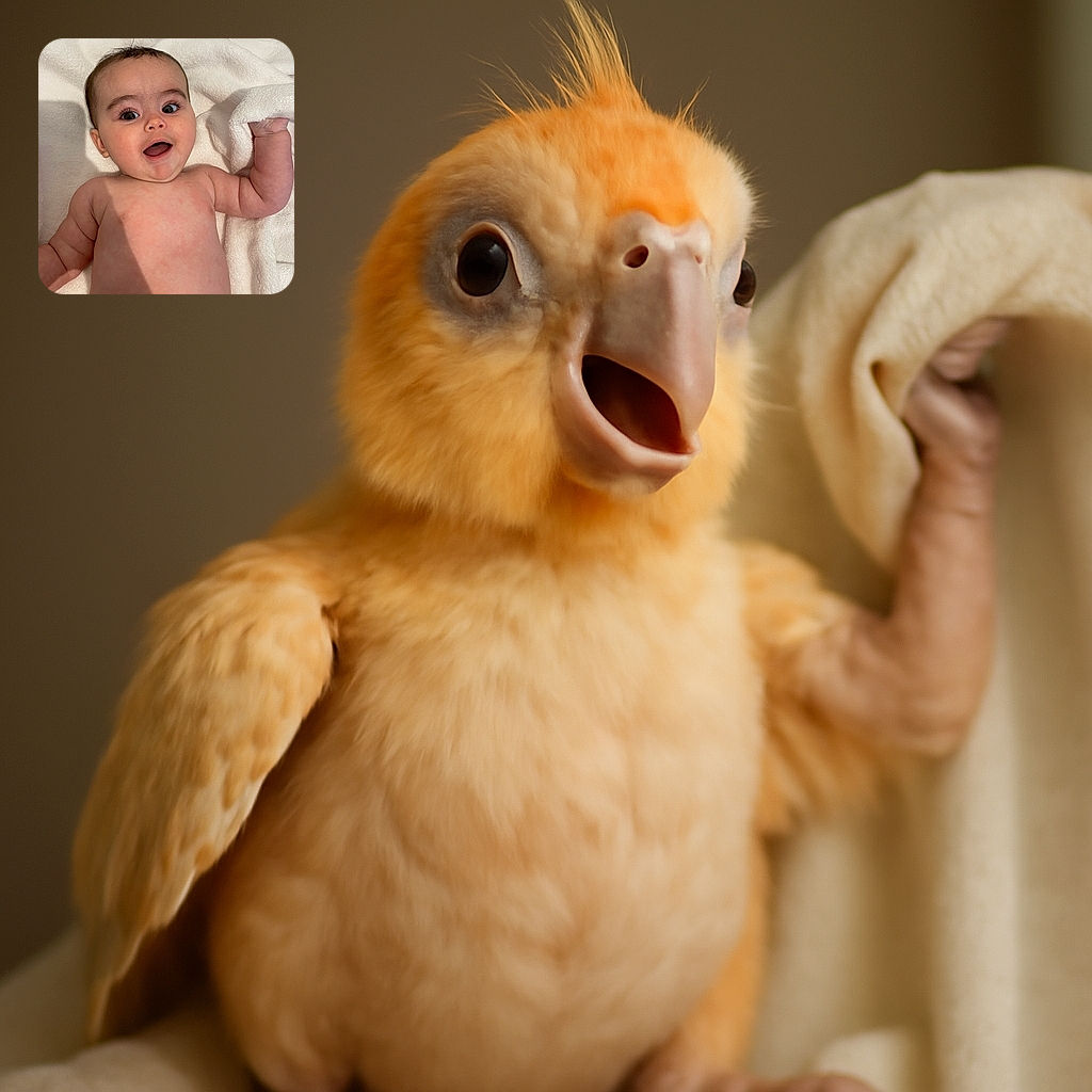 A cheerful baby with big bright eyes and a happy open-mouth smile lies on a soft white towel, with tiny fists raised as if ready for a playful adventure.