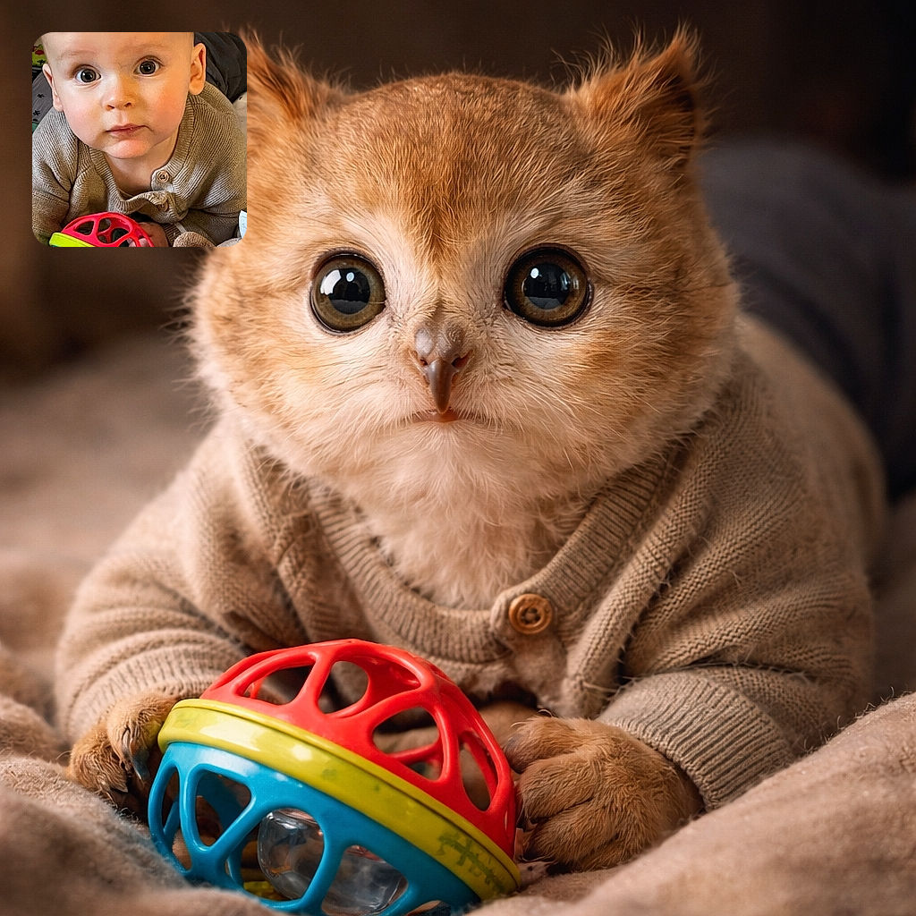 A wide-eyed baby stares straight at the camera like it's just discovered a secret society of squeaky toys — bundled in a cozy knit sweater, clutching a bright multicolored ball while a plush buddy peeks in from the corner. Soft indoor light, super-close framing, and an expression equal parts curiosity and mild suspicion.