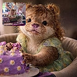 A joyful toddler with cake-smudged face is gleefully reaching for a purple birthday cake decorated with daisies, while an elderly woman wearing a flower crown leans in close and a woman and another child stand in the background at an outdoor party.