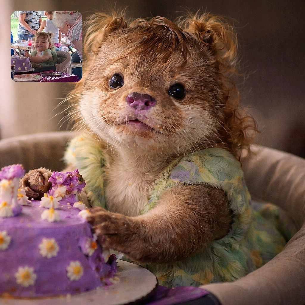A joyful toddler with cake-smudged face is gleefully reaching for a purple birthday cake decorated with daisies, while an elderly woman wearing a flower crown leans in close and a woman and another child stand in the background at an outdoor party.
