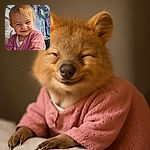 A cheeky toddler with a mischievous grin is captured mid-play, sporting a cozy pink cardigan. The background is a cozy living room with floral wallpaper and shelves filled with knick-knacks, adding a warm and homely vibe.