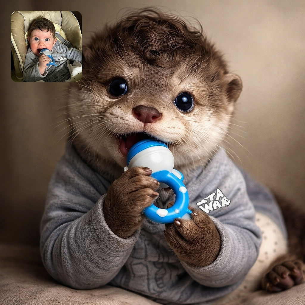 A wide-eyed baby with curly hair gleefully chewing on a blue and white teething toy while sitting comfortably in a beige high chair, sporting a cozy Star Wars-themed gray outfit.
