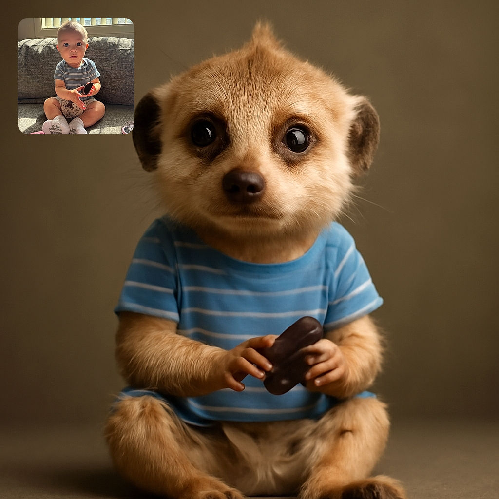 An adorable baby with big curious eyes sits on a cozy couch bathed in warm sunlight streaming through vertical blinds. The baby, dressed in a striped blue shirt and patterned shorts, holds a black object while wearing white socks labeled '0-6M'. Nearby, a pink hairbrush and a pink calculator add a quirky touch to the scene.