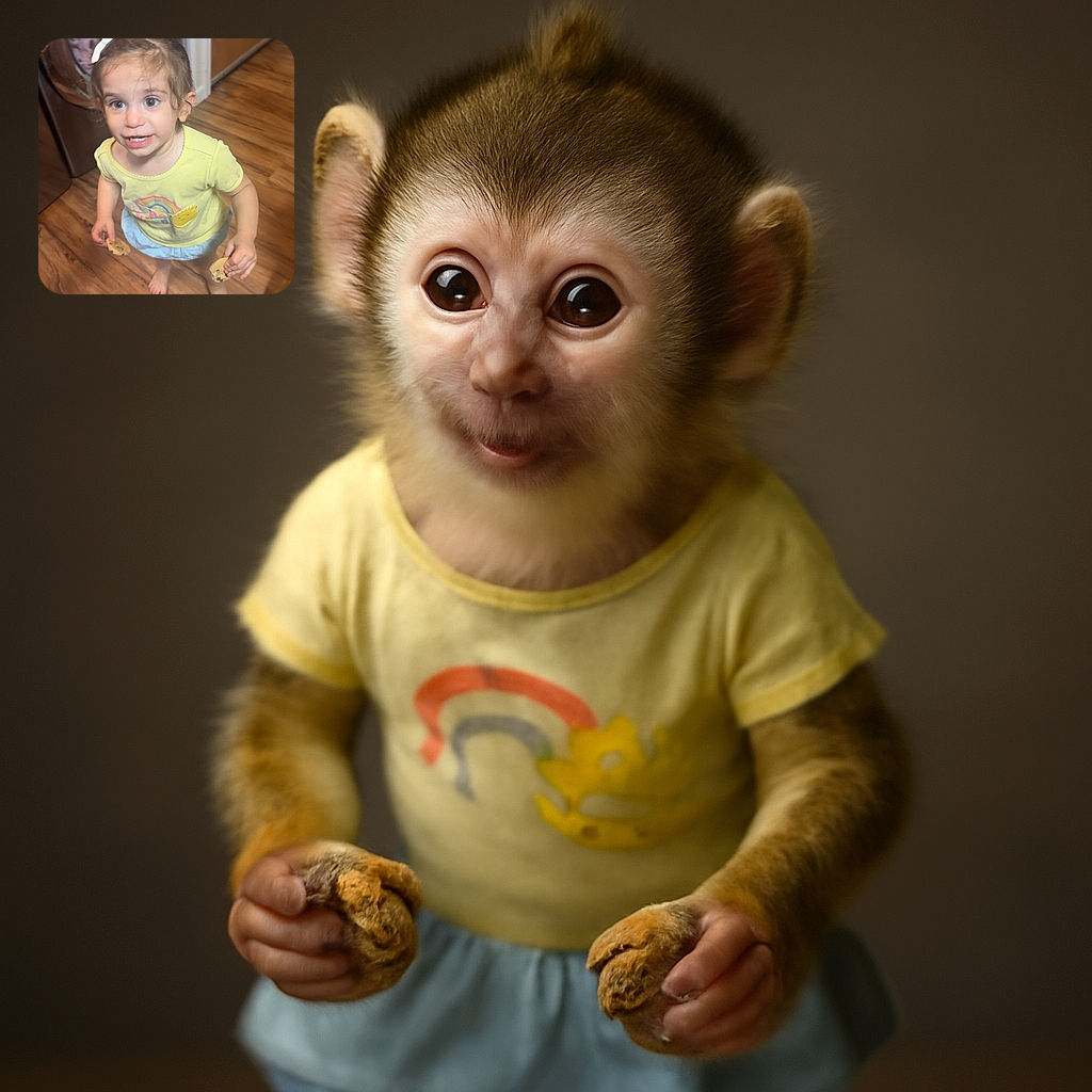 A curious toddler with a small white hair clip and a yellow shirt featuring a rainbow and sun design is standing barefoot on a wooden floor, holding two chocolate chip cookies, with a washing machine and a door in the background. The photo has a candid, slightly blurry charm as if caught mid-moment.