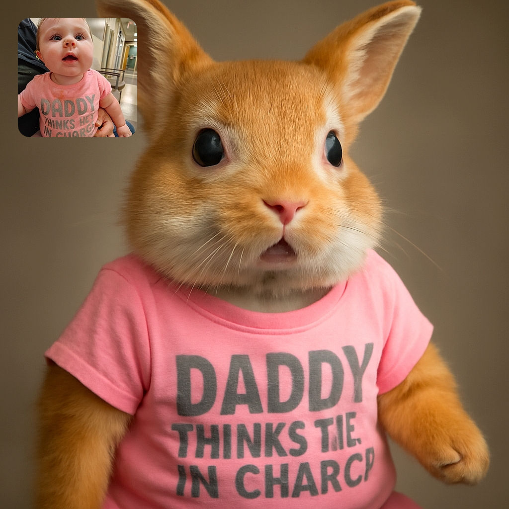 A close-up of an adorable baby with wide eyes and a slightly open mouth, wearing a pink shirt that humorously states 'DADDY THINKS HE'S IN CHARGE'. The baby is being held by an adult in a casual indoor setting that looks like a waiting room with chairs and signs in the background.