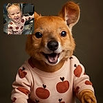 A joyful toddler with curly red hair styled in two playful buns is gleefully reaching out, wearing a cozy outfit adorned with cute red apples, standing in a casual indoor setting cluttered with shoes and household items.