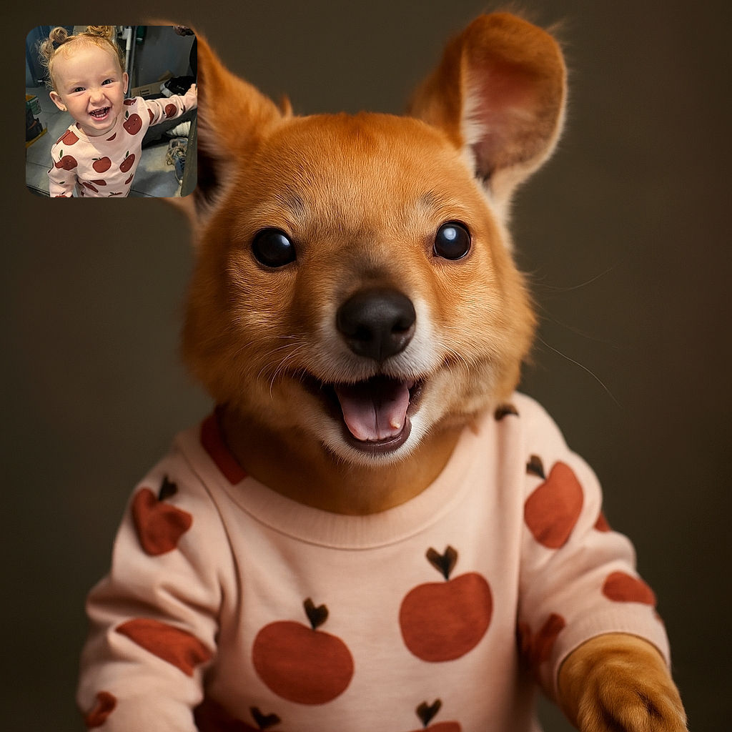 A joyful toddler with curly red hair styled in two playful buns is gleefully reaching out, wearing a cozy outfit adorned with cute red apples, standing in a casual indoor setting cluttered with shoes and household items.