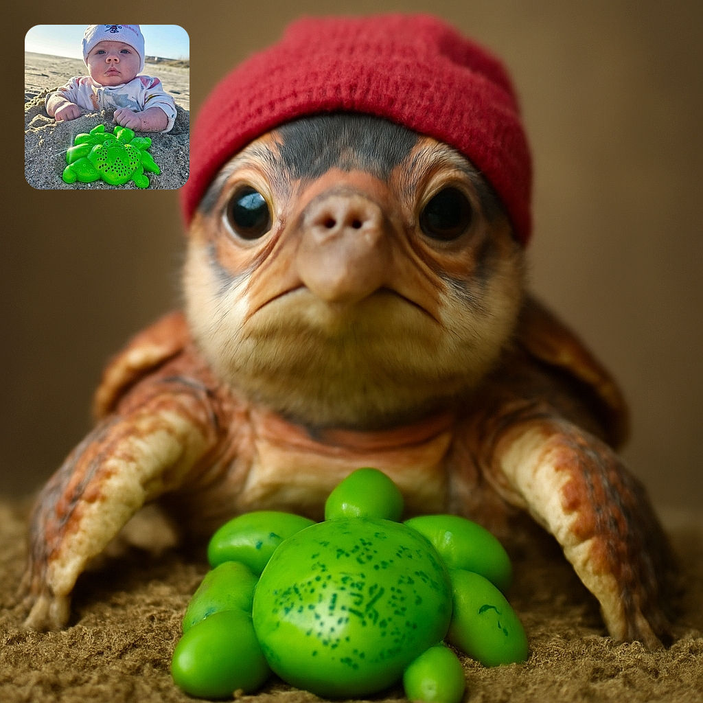 A determined baby buried up to the chest in sand at the beach, wearing a pink hat with a cartoon character and a patterned shirt, staring curiously at the camera with a bright green crab-shaped toy in the foreground.