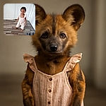 A cute toddler in a light pink outfit stands barefoot on a wooden floor indoors, with a slightly blurred motion suggesting movement. The background features a white door and walls, and a set of dumbbells is visible on the floor to the right.