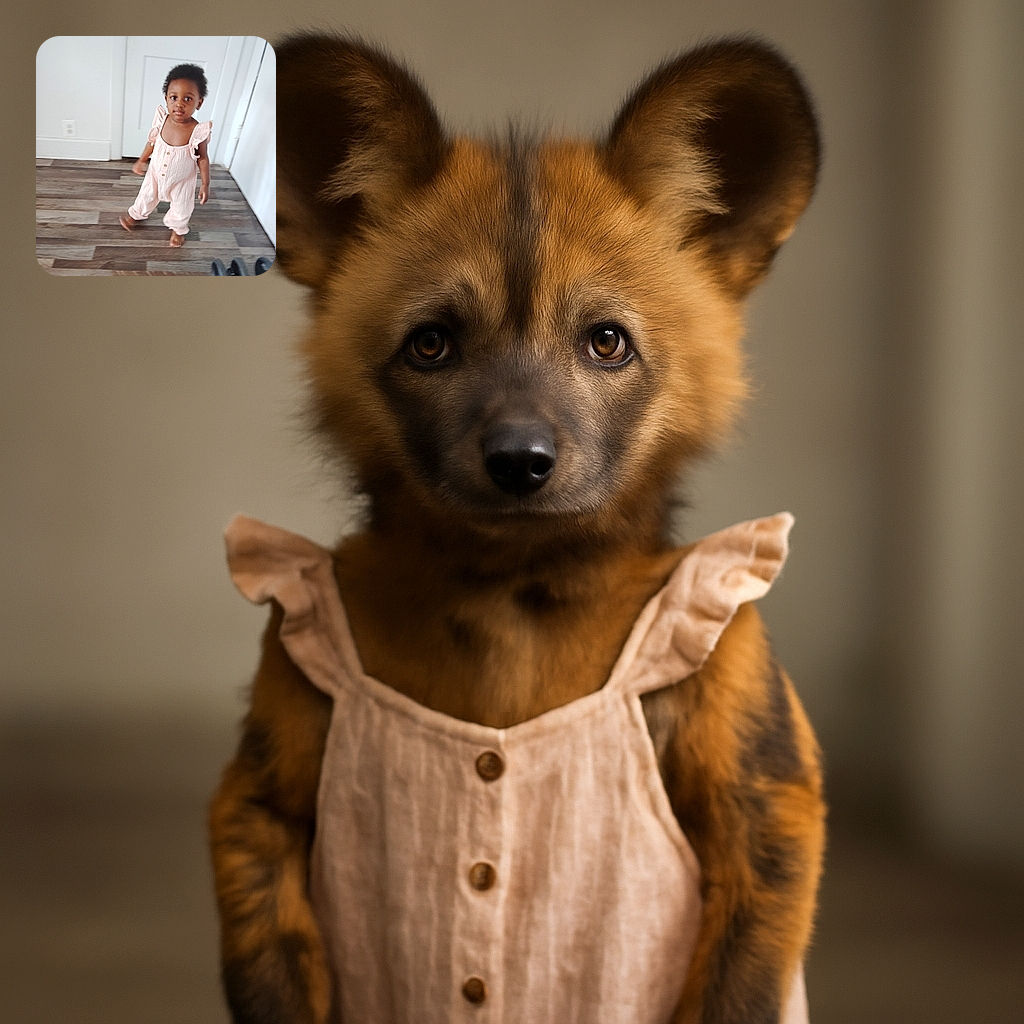 A cute toddler in a light pink outfit stands barefoot on a wooden floor indoors, with a slightly blurred motion suggesting movement. The background features a white door and walls, and a set of dumbbells is visible on the floor to the right.
