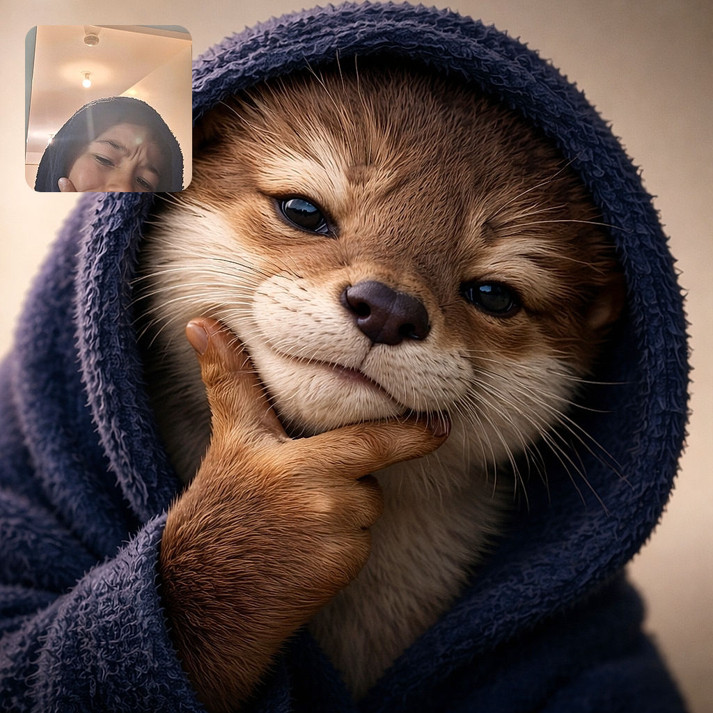 A thoughtful child wrapped in a dark towel strikes a cheeky pose with a finger on their chin, under warm indoor lighting with ceiling bulbs glowing softly in the background.
