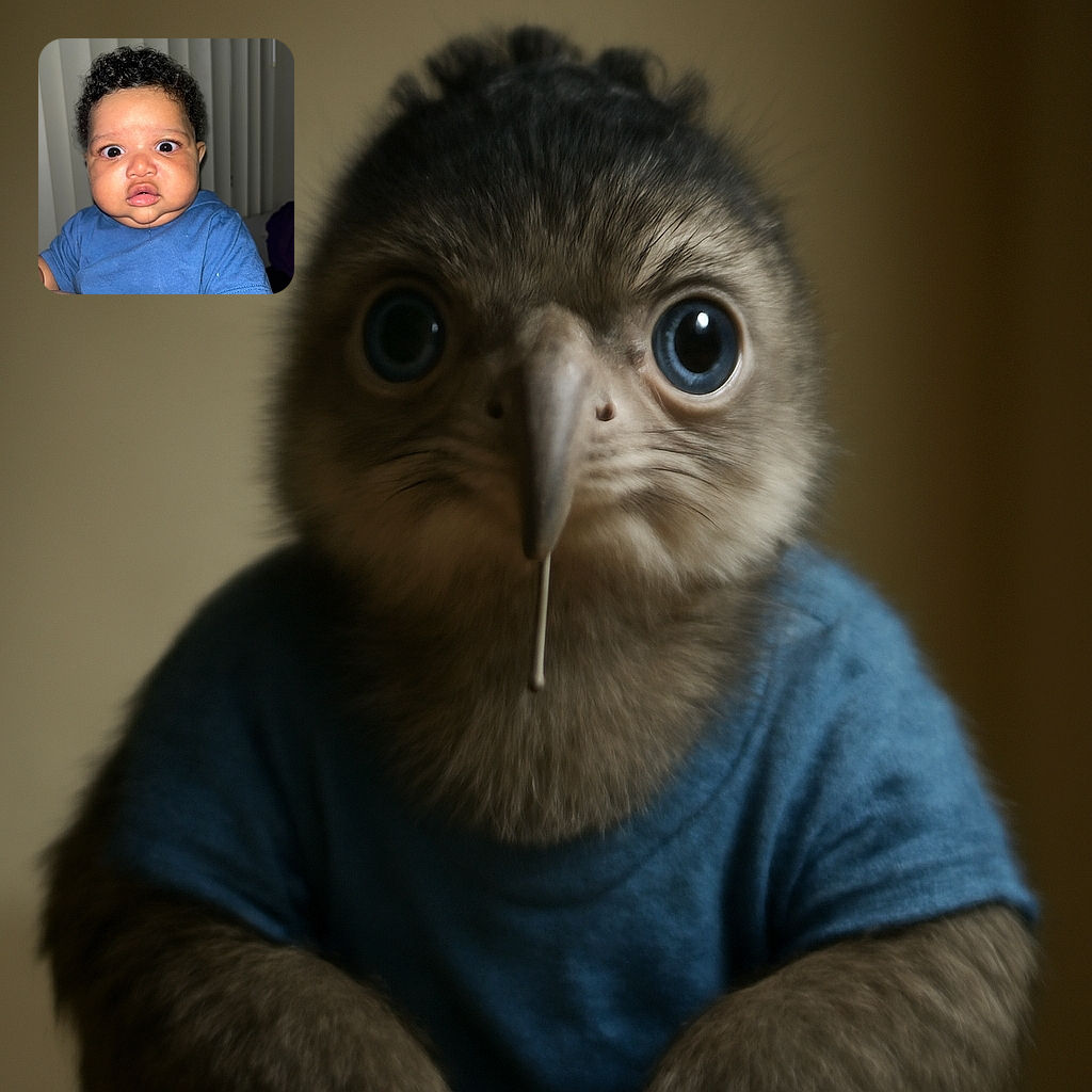 A wide-eyed baby with a surprised expression is captured in a close-up shot, wearing a blue shirt. A little drool is hanging from the baby's mouth, adding a humorous touch to the candid moment. The background is softly blurred with vertical blinds.