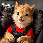 A grinning blond kiddo is strapped into a car seat like a tiny captain of the back row, beaming at the camera with a cheeky smile while a folded newspaper and a metal cargo screen provide a makeshift backdrop — a candid, slightly tilted car-ride snapshot full of mini mischief.