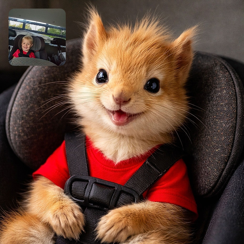 A grinning blond kiddo is strapped into a car seat like a tiny captain of the back row, beaming at the camera with a cheeky smile while a folded newspaper and a metal cargo screen provide a makeshift backdrop — a candid, slightly tilted car-ride snapshot full of mini mischief.